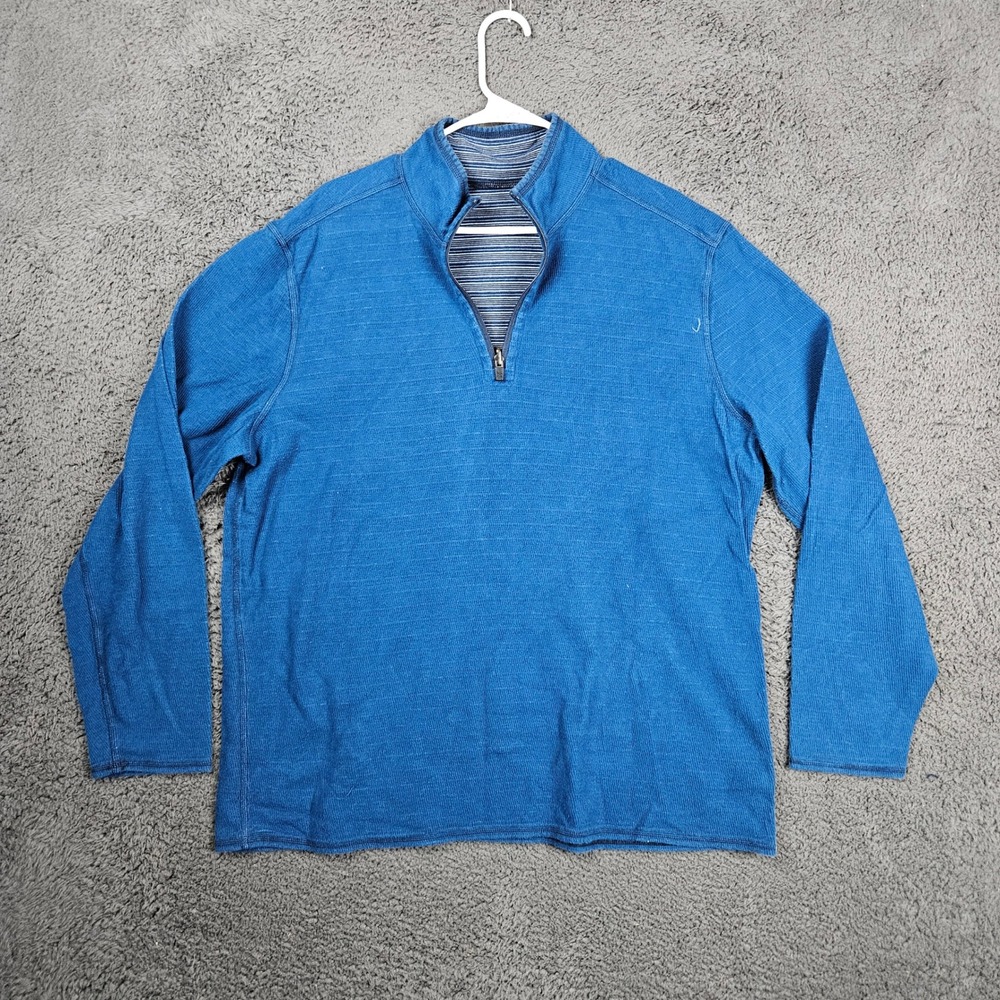 Eddie Bauer Mens XL Reversible Blue Waffle Knit Quarter Zip Pullover Sweater
